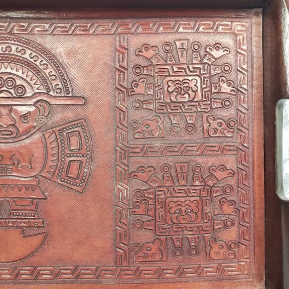 Handmade Wood Embossed Leather Mayan Serving Tray Vintage - Picture 8 of 10